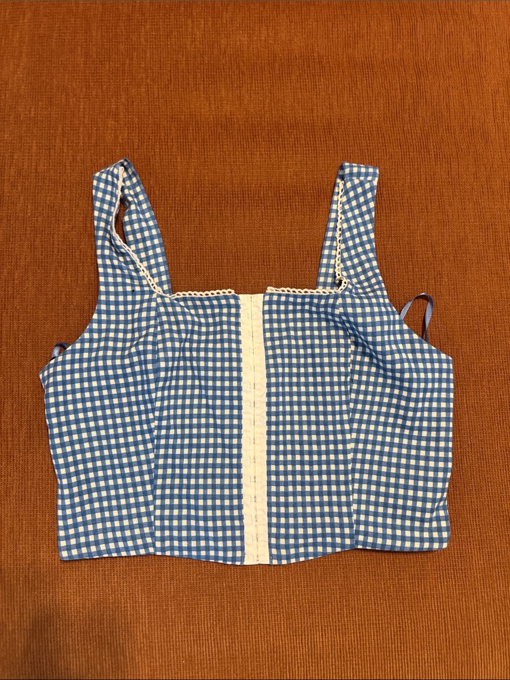 Monteau Blue Gingham Cropped Tank with Center Lace